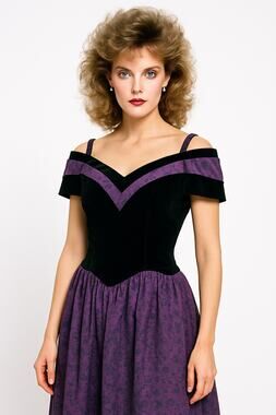 1980s Black Velvet & Purple Floral Off-Shoulder Evening Dress – ILGWU USA M